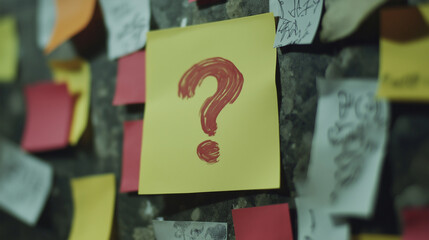A bright yellow sticky note displays a red question mark among other notes, representing curiosity, inquiry, and problem-solving in a thoughtful workspace.