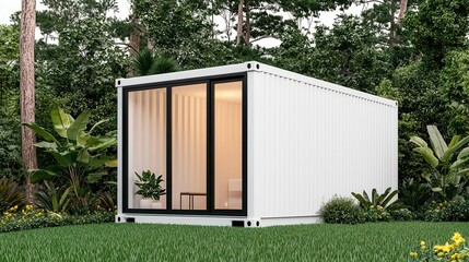 Elegant container bathroom exterior with white wood cladding, large windows, and garden view