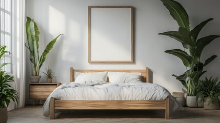 Mock up frame in a calm, empty bedroom with just a simple wooden bed, 3D render 