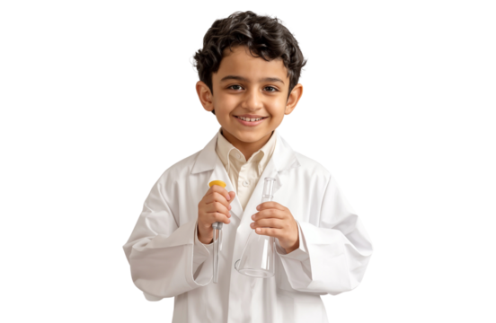 Portrait of a smiling young boy wearing a white lab coat, isolated on transparent background