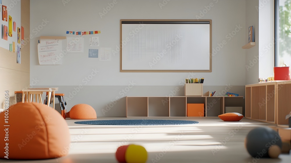 Poster A tranquil low stimulus classroom environment featuring neatly arranged educational materials and soft calming lighting to promote focus and productivity