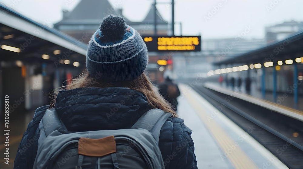 Poster A woman s back is visible as she walks along a train platform with the architectural elements and signage of the train station visible in the background providing ample space for text overlay