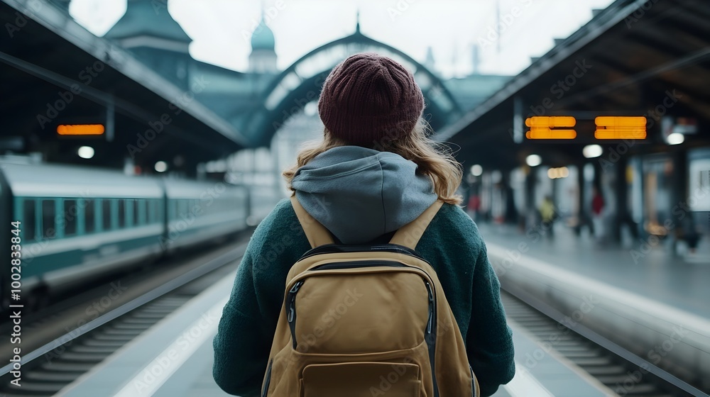 Poster A woman s back as she walks along a train platform with the station s modern architecture and signage visible in the background providing ample negative space for text overlay