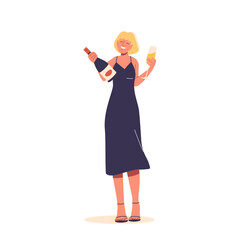 Happy Woman In Stylish Dark Dress Having Celebration. Female Character Holds Bottle Of Wine And Glass Of Champagne