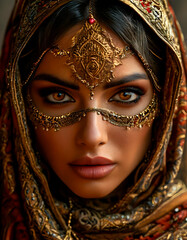 Beautiful oriental girl in gold jewelry. Arabic style.