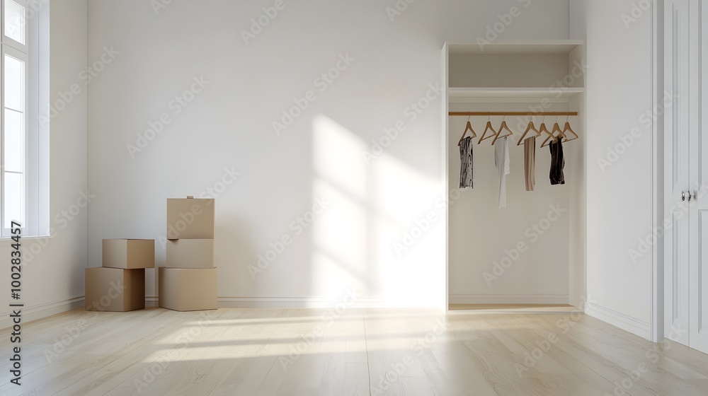Poster An empty closet with hangers left behind and a few moving boxes on the floor ready for the last items to be packed and relocated to a new home or apartment