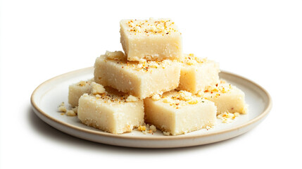 Delicious squares of traditional fudge stacked artfully on a white plate ready to enjoy as a dessert