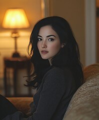 A young woman with dark hair sits on a couch in a warmly lit room, her expression calm and reflective.