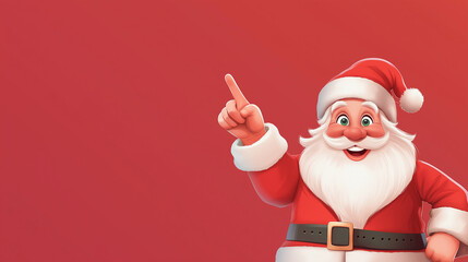 A delightful animated Santa Claus, rendered in a cheerful cartoon style, pointing upwards with joy, encapsulating the essence of festive glee and wonder.