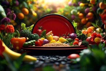 Naklejka premium 3D-rendered healthy meal plate, with fully modeled vegetables, grains, and proteins in a vibrant, realistic digital environment