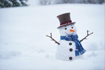 Obraz premium Cute snowman in the snow background with copy space.