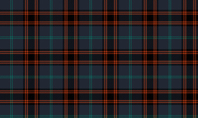 Obraz premium Plaid fabric pattern, navy blue, black, orange, green, beautiful distinctive cross lines, seamless for textiles, and for designing clothes, skirts or decorative fabrics. Vector illustration.