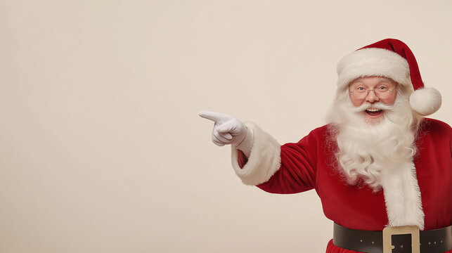 A cheerful Santa Claus in a red suit with white trims, pointing excitedly to the side, showcasing the spirit of joy and wonder during the festive season.