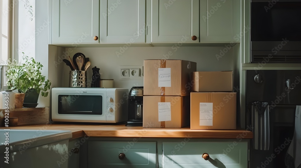 Poster An empty organized kitchen counter with unplugged appliances and a stack of labeled moving boxes on the floor indicating a household relocation or move in process