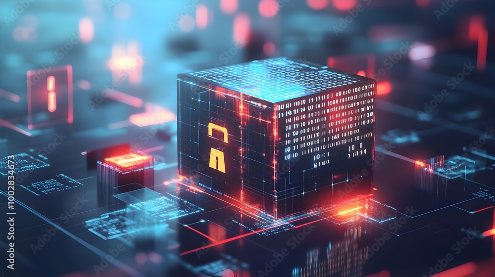 Poster An abstract product box made of binary code with digital sale tags and glowing percentages representing the data driven nature of Cyber Monday online shopping and e commerce deals