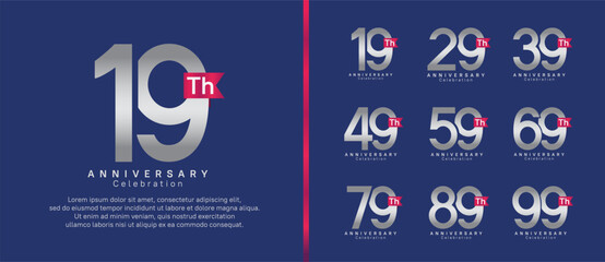 anniversary logo set. vector design silver color with pink ribbon can be use for celebration event