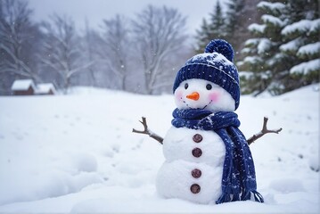 Obraz premium Cute snowman in the snow background with copy space.