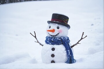 Cute snowman in the snow background with copy space.