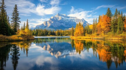 Fototapeta premium Vibrant autumn colors reflect on calm waters, with majestic mountains rising in the background, showcasing the natural beauty of Banff National Park in this tranquil setting
