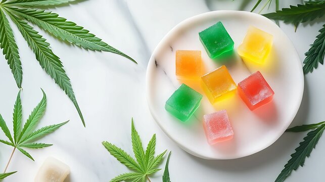 Colorful cannabis-infused gummies arranged on a white plate, surrounded by fresh hemp leaves, set against a clean background.