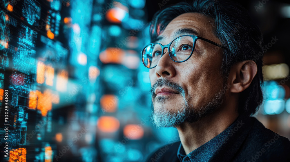 Poster an introspective man gazes up at vibrant digital data projections while standing in a contemporary t