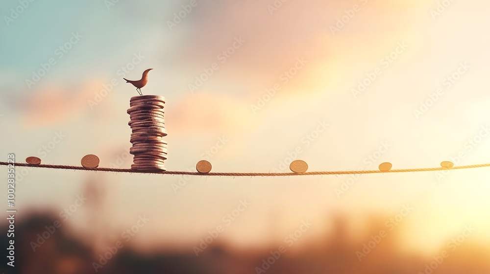 Poster balancing coins on tightrope navigating risks and rewards in business strategy