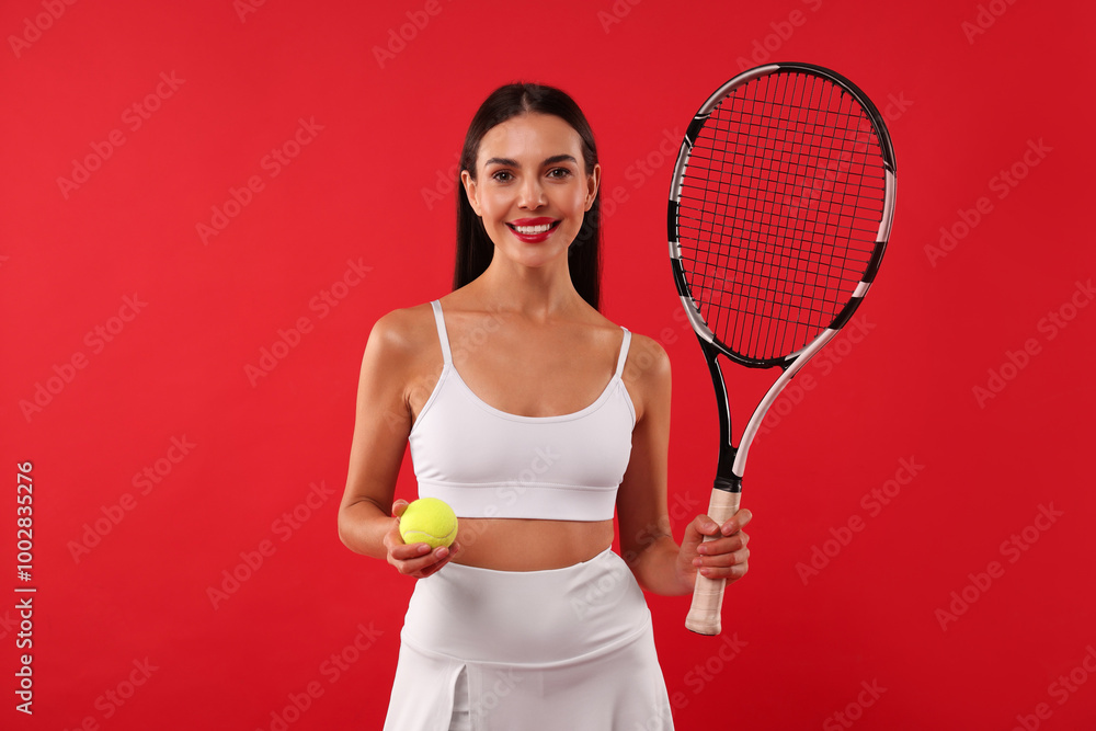 Poster Happy tennis player with racket and ball on red background