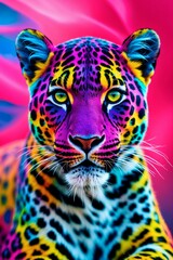 A vibrant, digitally altered image of a leopard with multicolored fur