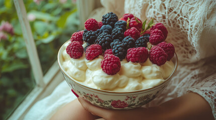 A bowl filled with smooth cream and topped with vibrant raspberries and blueberries is cradled by a woman sitting in a lush garden