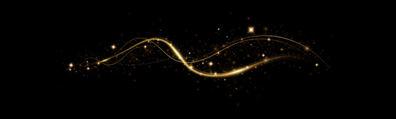 Golden curved light line.Confetti sparkles in a wave. Sparkling magical dust particles.golden stars shine with special light. Magical shining gold dust.