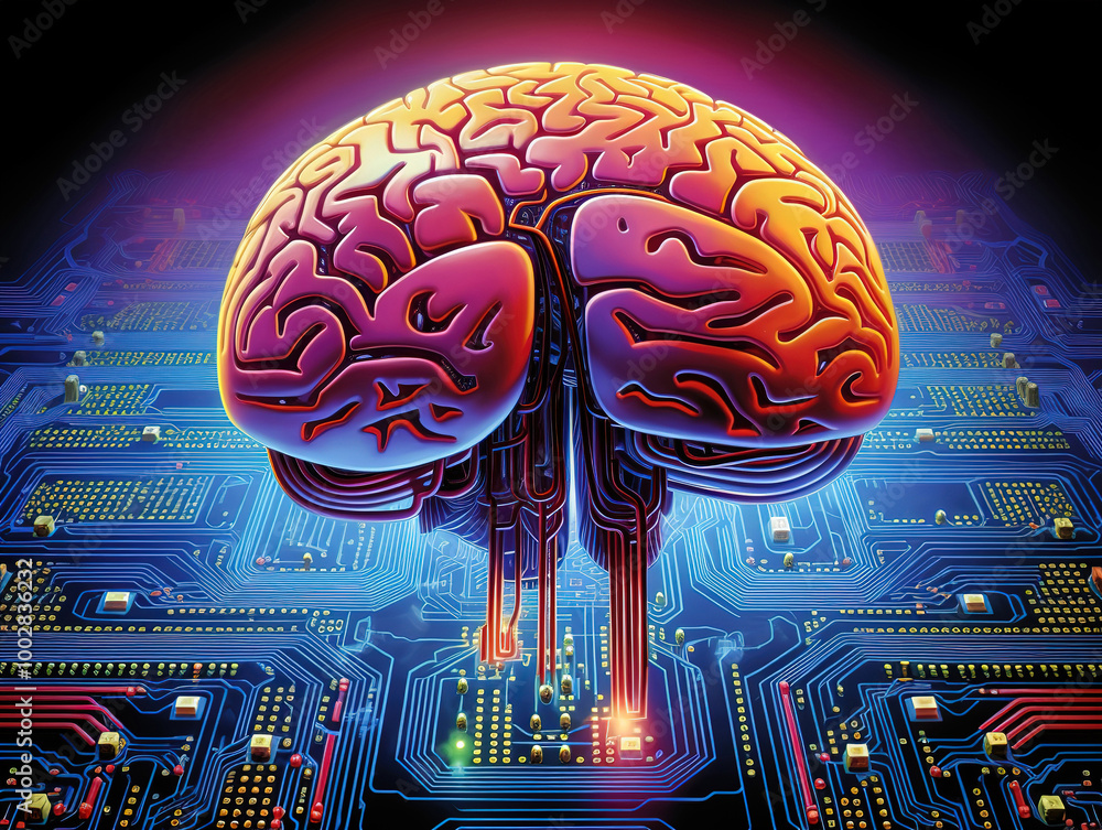 Poster neural network visualization: brain overlaid on computer chip design
