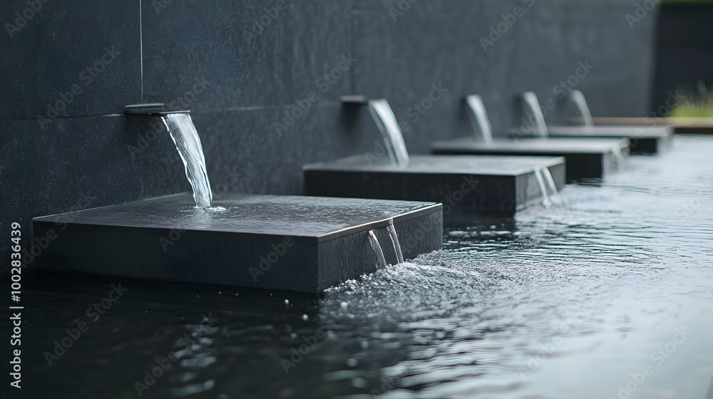 Aufkleber Captivating Cascading Fountain Flow Symbolizing Beauty and Energy   Serene and Minimalistic Water Feature with Controlled Patterns and Splashing Movements Evoking Aesthetic Power and Tranquility