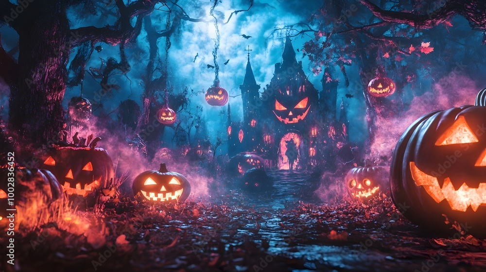 Poster spooky halloween party backdrop featuring a haunted castle glowing jack o lanterns and an enchanted 