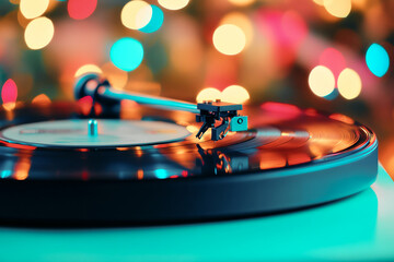 Obraz premium An old record player spins colorful vinyl records at a vibrant party celebration