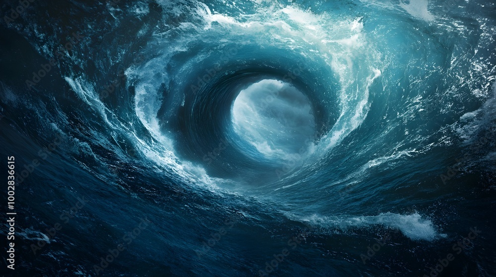 Poster captivating image of a powerful whirlpool forming in the middle of the vast ocean demonstrating the 