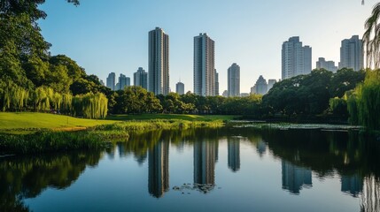 Naklejka premium A serene shot of a park in the foreground with tall buildings in the background, illustrating the balance between nature and urban development in the city center.
