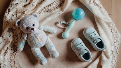 A knitted teddy bear, a rattle, and baby shoes are arranged on a soft cloth surface