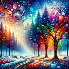 Obraz premium A forest is depicted with multicolored bubbles and swirling patterns, creating an ethereal and dreamlike scene. Snow-covered trees and pathways add to the enchanting, whimsical feel. (Gen, A.I.)