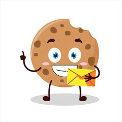 Cute happy expression of bite cookies bring envelope letter cartoon character