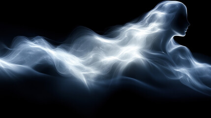 Fototapeta premium Abstract ethereal woman silhouette, smoke, dark background.