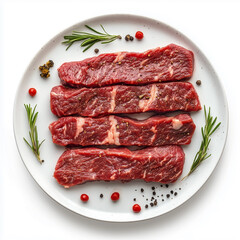 Fresh beef churrasco on a plate, isolated on a white background.
