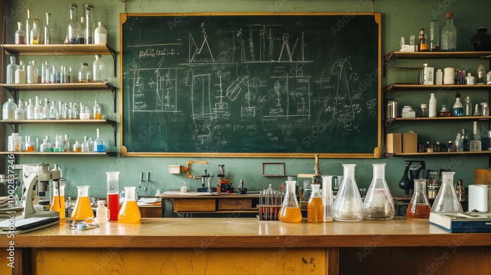Poster laboratory workspace with glassware and chalkboard diagrams