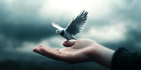 A pair of hands releasing a dove into a stormy sky, letting go, grief turning into acceptance