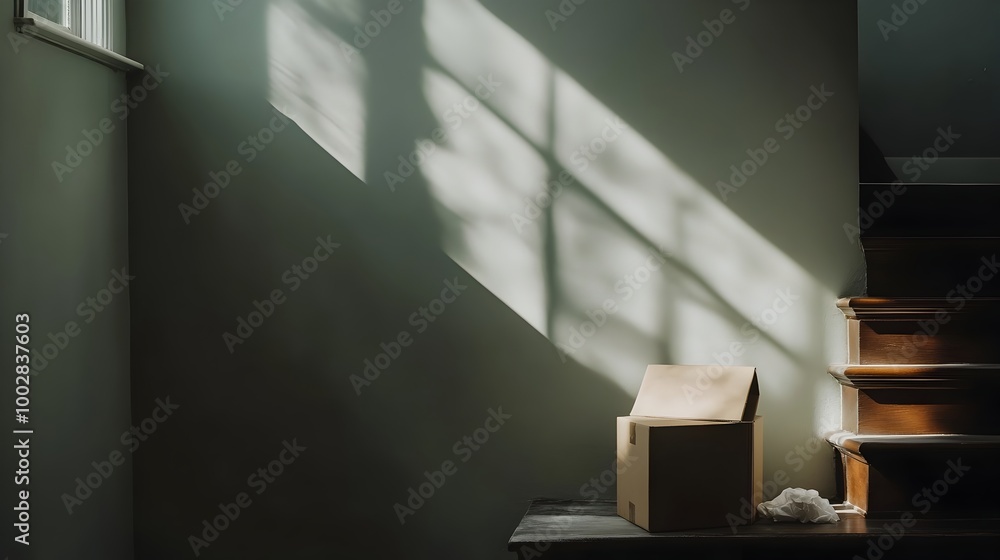 Aufkleber Cardboard box sitting on an empty staircase with packing materials scattered around and soft light filtering in from a nearby window  Simple minimalist interior scene