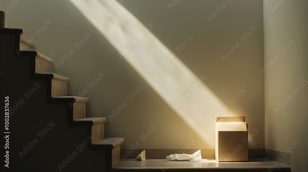 Aufkleber Cardboard box sitting on an empty staircase with packing materials scattered around and soft light filtering in from a nearby window  The image conveys a sense of transition organization