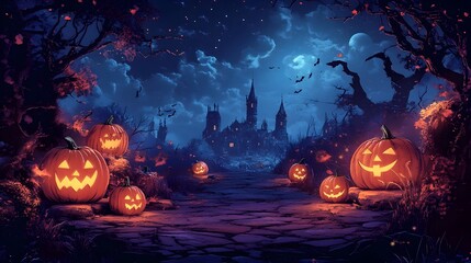 Enchanting Trick or Treat Halloween Backdrop with Spooky Pumpkins Mysterious Haunting Atmosphere  Perfect for Halloween House Themes or Supernatural Fantasy Scenes