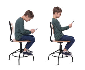 Obraz premium Good and bad posture, collage. Boy sitting on chair and using mobile phone against white background