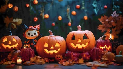 Playful Halloween backdrop featuring a festive arrangement of cheerful pumpkin yet fun characters and bright colorful costumes creating a whimsical and cozy autumn atmosphere