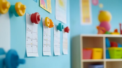 Carefully arranged visual schedules displayed on a wall providing structure routine and learning support for a child especially those with special needs or disabilities like autism