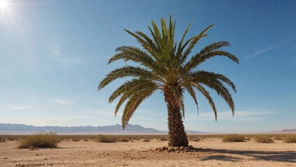 Lone palm tree in arid desert landscape with mountains